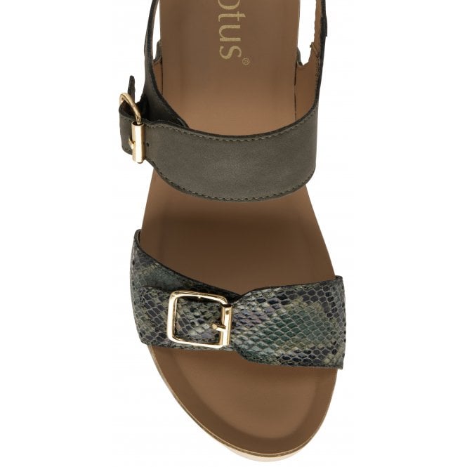 Khaki & Snake-Print Leather Brynlee Open-Toe Wedge Sandals | Lotus