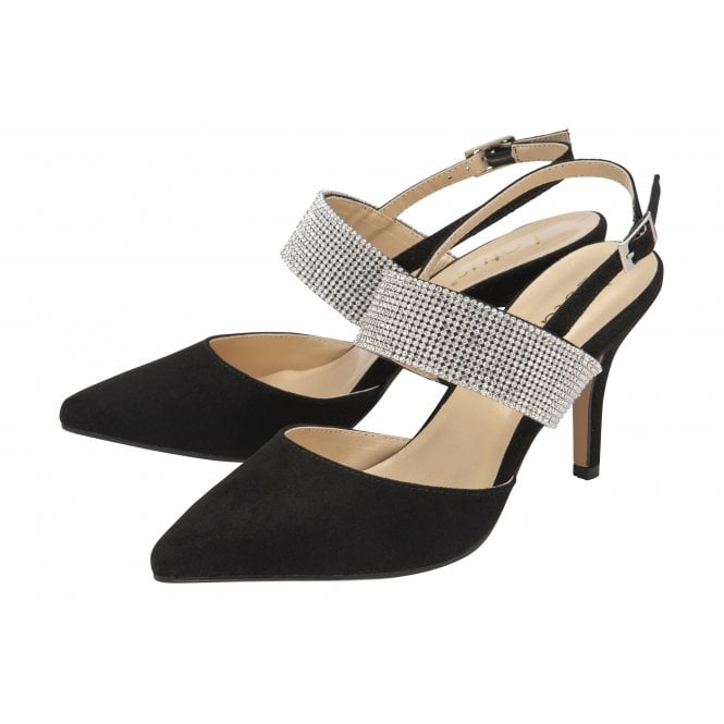  Black & Diamante Violette Slingback Court Shoes | Lotus 