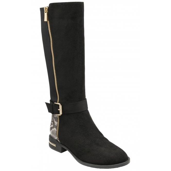  Black Microfibre & Snake-Print Harper Knee High Boots | Lotus