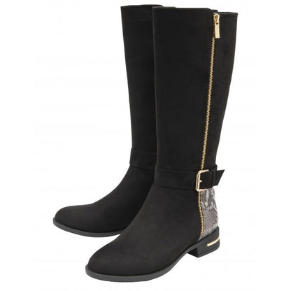  Black Microfibre & Snake-Print Harper Knee High Boots | Lotus