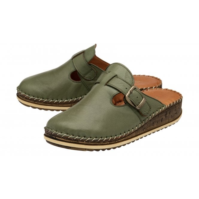  Khaki Leather Kerry Round-Toe Mules | Lotus