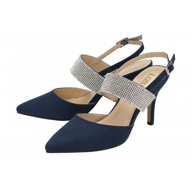  Navy & Diamante Violette Slingback Court Shoes | Lotus 