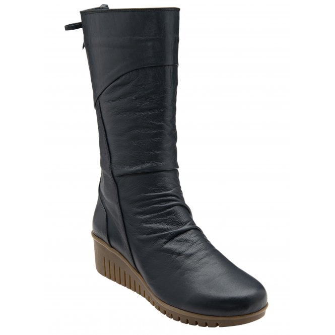  Navy Leather Dara Mid-Calf Wedge Boots | Lotus