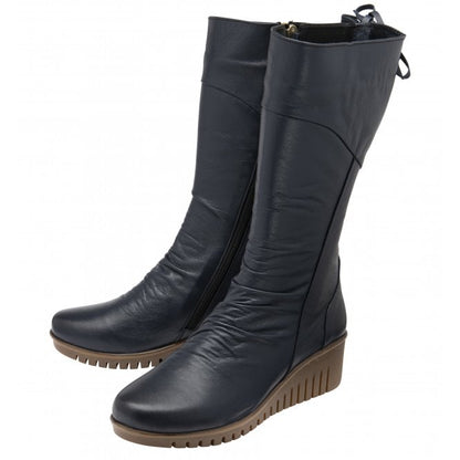  Navy Leather Dara Mid-Calf Wedge Boots | Lotus