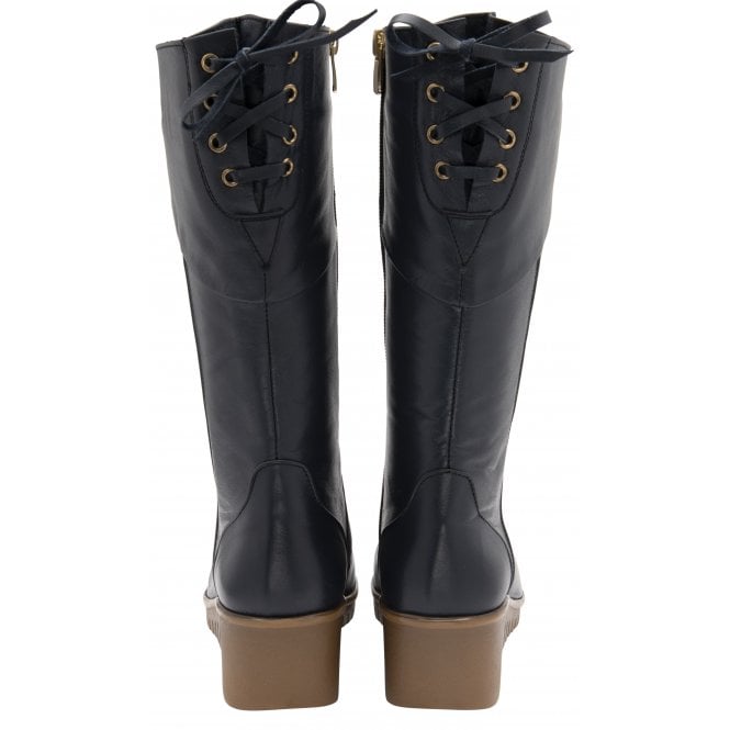  Navy Leather Dara Mid-Calf Wedge Boots | Lotus