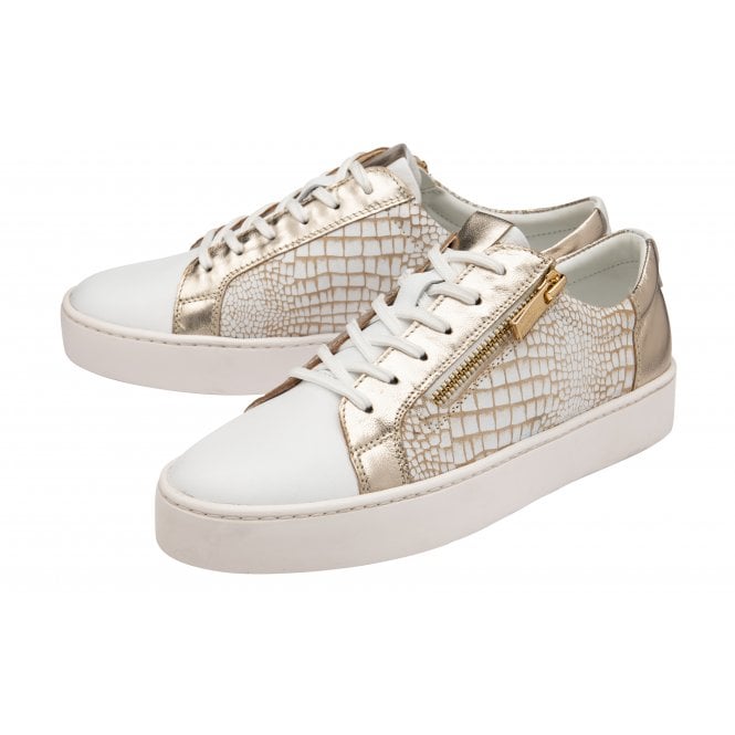  White Leather & Gold Croc-Print Sky Casual Trainers | Stressless By Lotus