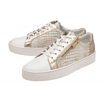  White Leather & Gold Croc-Print Sky Casual Trainers | Stressless By Lotus